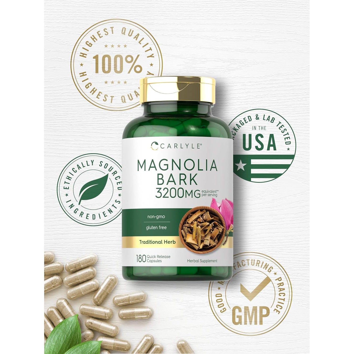 Carlyle Magnolia Bark | 180 Powder Capsules | Herbal Extract Supplement | Non-Gmo, Gluten Free