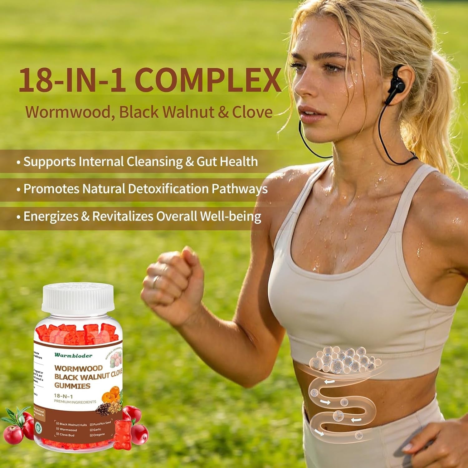 18-In-1 Wormwood Black Walnut Clove Gummies for Adults,Liver Support,With Pumpkin Seed Oil,Rapid Gut Cleanse & Digestive Health with Clove,Garlic,Turmeric,Oregano,Cranberry Extract