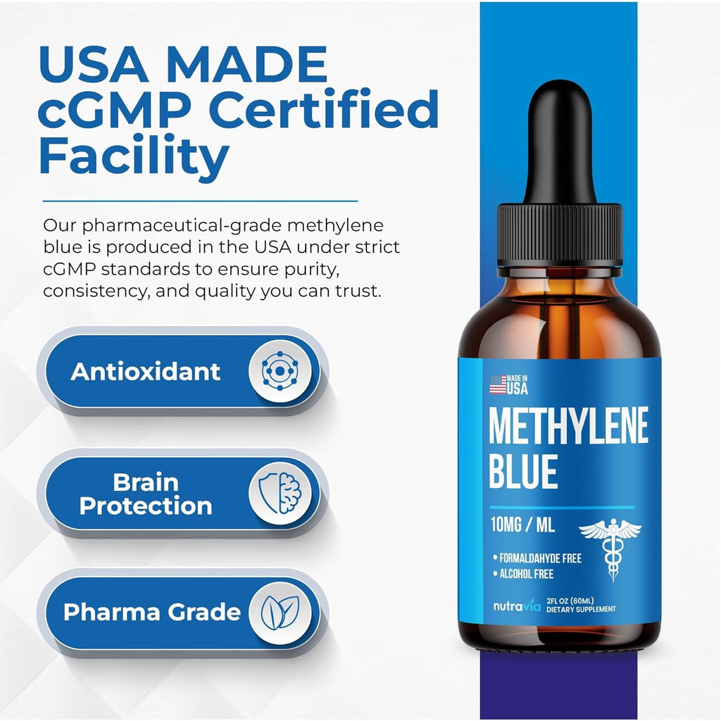 Methylene Blue Drops 1% USP Grade Third Party Lab Tested - USA Made - Formaldehyde Free, Increased Absorption, Blue Methylene Supreme Supplement for Humans, Methane Azul De Metileno Para Humanos (2Oz)