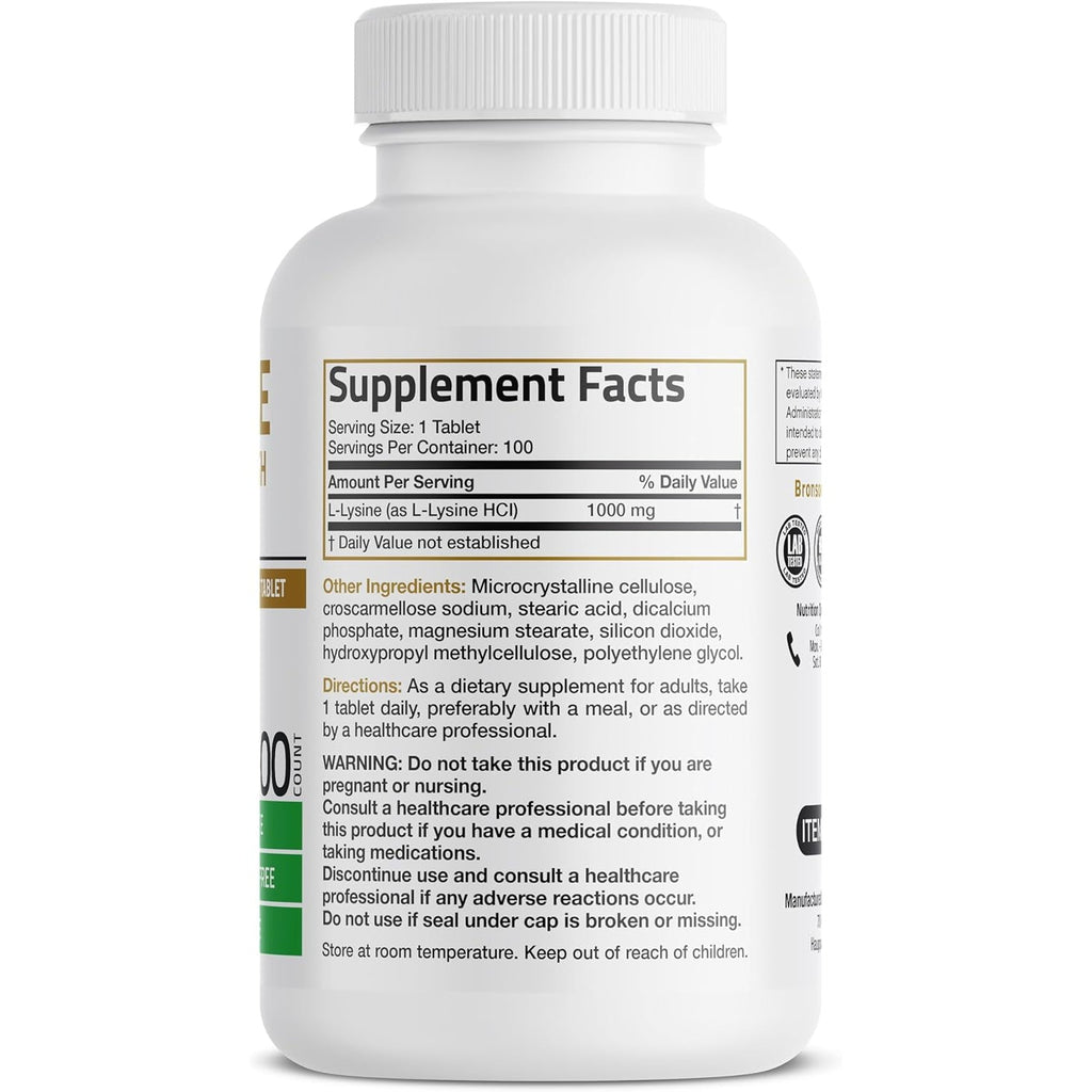 Bronson L-Lysine Extra Strength 1000 MG per Tablet High Potency, Immune Support & Supports Collagen Synthesis, Non-Gmo, 100 Vegetarian Tablets