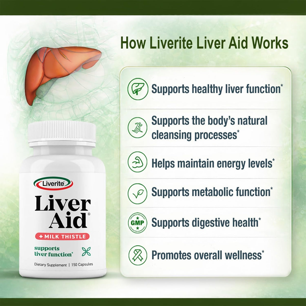 LIVERITE Liver Aid with Milk Thistle 150 Capsules, Supports Healthy Liver Function, Cleansing, Energy & Daily Wellness