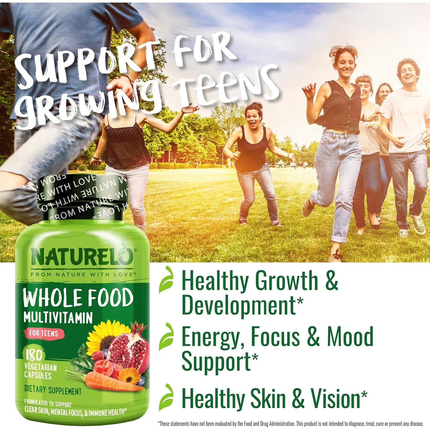 NATURELO Multivitamins for Teenage Girls/Boys, 180 Capsules, Whole Food Multivitamin with Minerals, Non-Gmo, Vegetarian