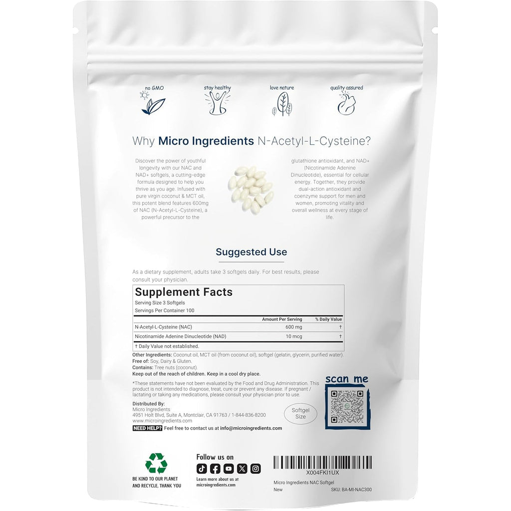Micro Ingredients NAC Supplement 600Mg with NAD+ & Coconut Oil, 300 Softgels | 2-In-1 N Acetyl L Cysteine plus Nicotinamide Forms | NAD Supplements for Women & Men | Non-Gmo, Gluten Free
