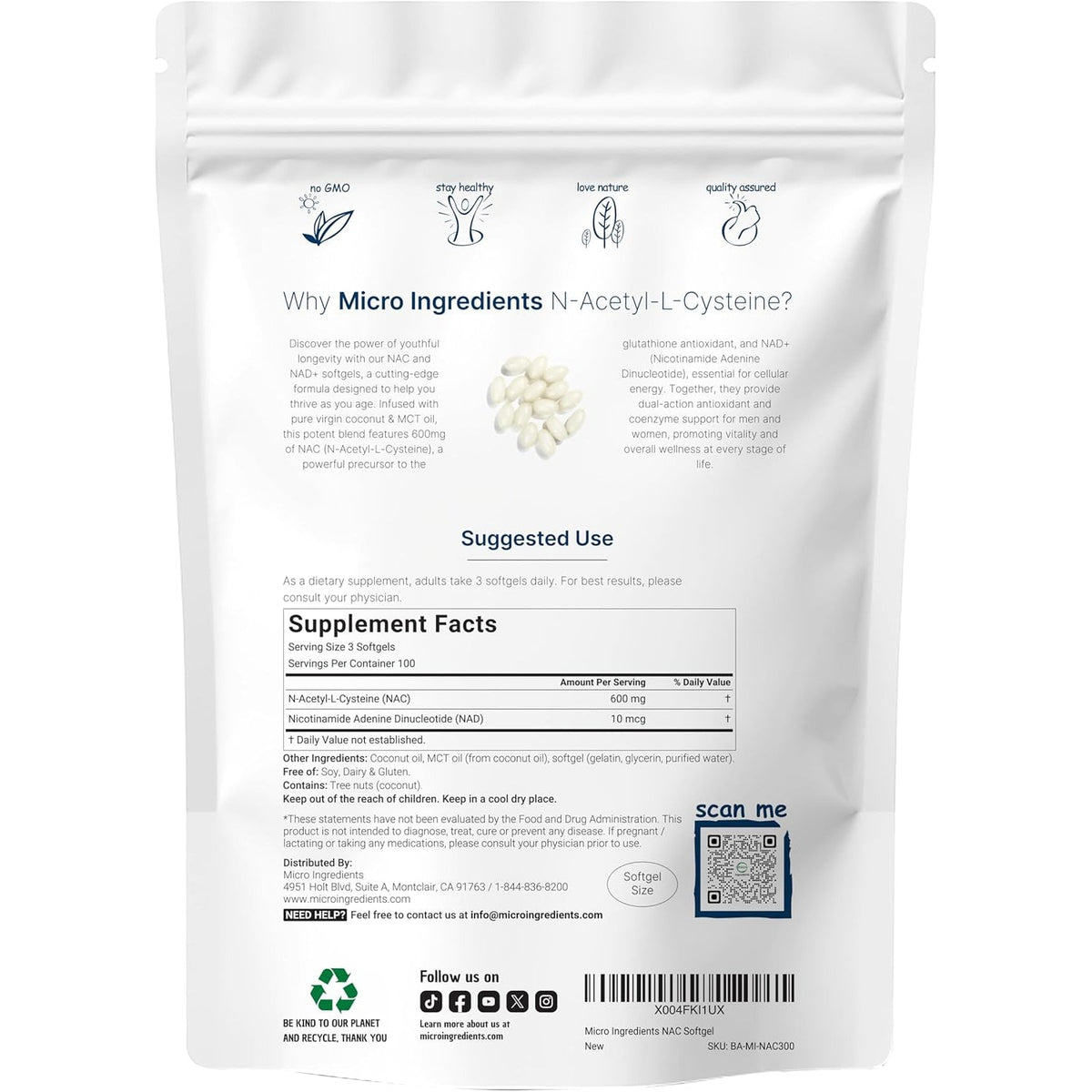 Micro Ingredients NAC Supplement 600Mg with NAD+ & Coconut Oil, 300 Softgels | 2-In-1 N Acetyl L Cysteine plus Nicotinamide Forms | NAD Supplements for Women & Men | Non-Gmo, Gluten Free