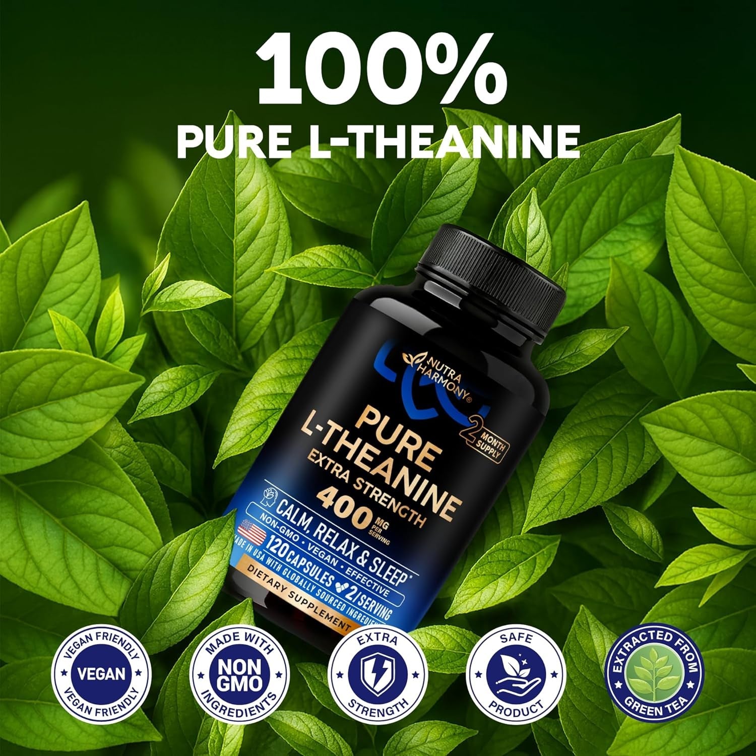 L Theanine 400 Mg | L-Theanine Stress Relief | Extra Strength Supplement | Lab Tested | Relaxation, Sleep & Calm Support | for Men & Women | Plant Based, Non-Gmo & Gluten-Free | 120 Vegan Capsules