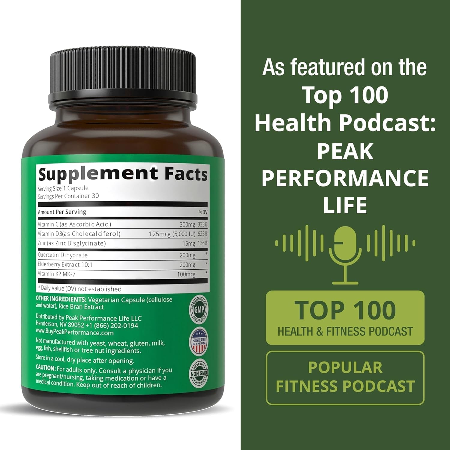 Peak Performance Immune Support Supplement - 6 Top Ingredients Vitamin D3 K2, Vitamin C, Elderberry, Zinc, Quercetin - Includes 5000 IU Vitamin D - Immunity Capsules - Supplements for Women and Men