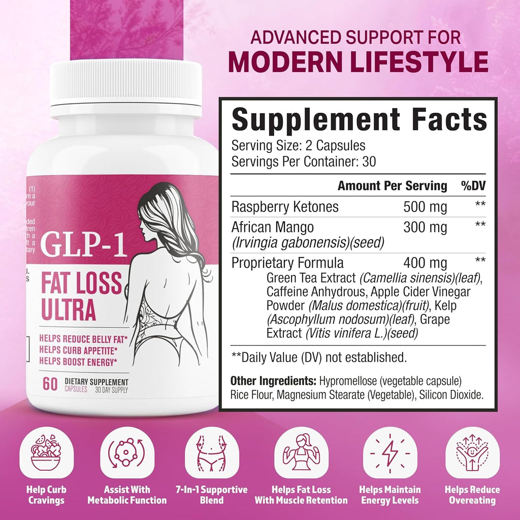 GLP-1 Fat Loss Ultra - Weight Loss Pills, Appetite Suppressant & Fat Burner for Women | Supports Healthy Pathways Associated with GLP-1 Activity | 3Rd Party Tested Supplement - 60 Capsules for Adults