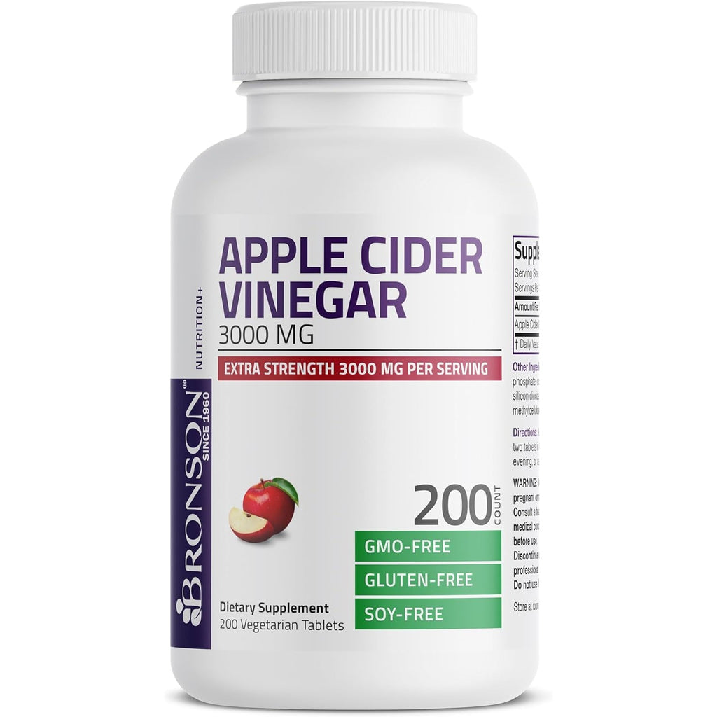 Bronson Apple Cider Vinegar 3000 MG per Serving Extra Strength - Non-Gmo, 200 Vegetarian Tablets