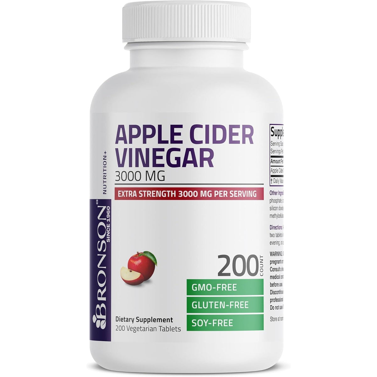 Bronson Apple Cider Vinegar 3000 MG per Serving Extra Strength - Non-Gmo, 200 Vegetarian Tablets