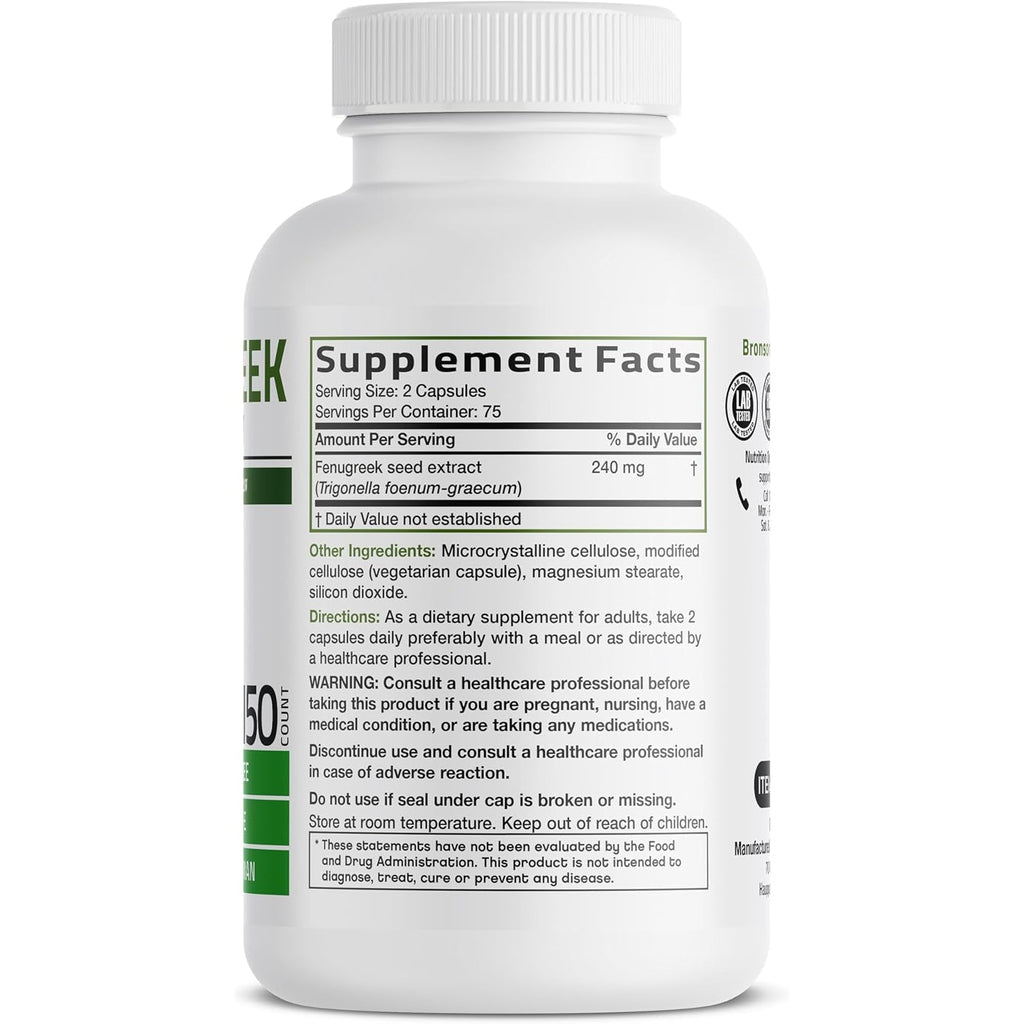 Bronson Fenugreek Seed Powder Capsules Extra Strength, Trigonella Foenum-Graecum, Non-Gmo, Soy-Free, Vegetarian, 150 Capsules