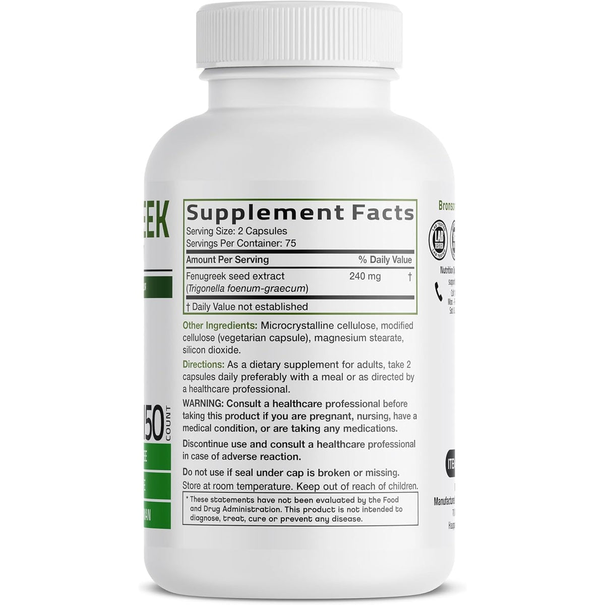 Bronson Fenugreek Seed Powder Capsules Extra Strength, Trigonella Foenum-Graecum, Non-Gmo, Soy-Free, Vegetarian, 150 Capsules