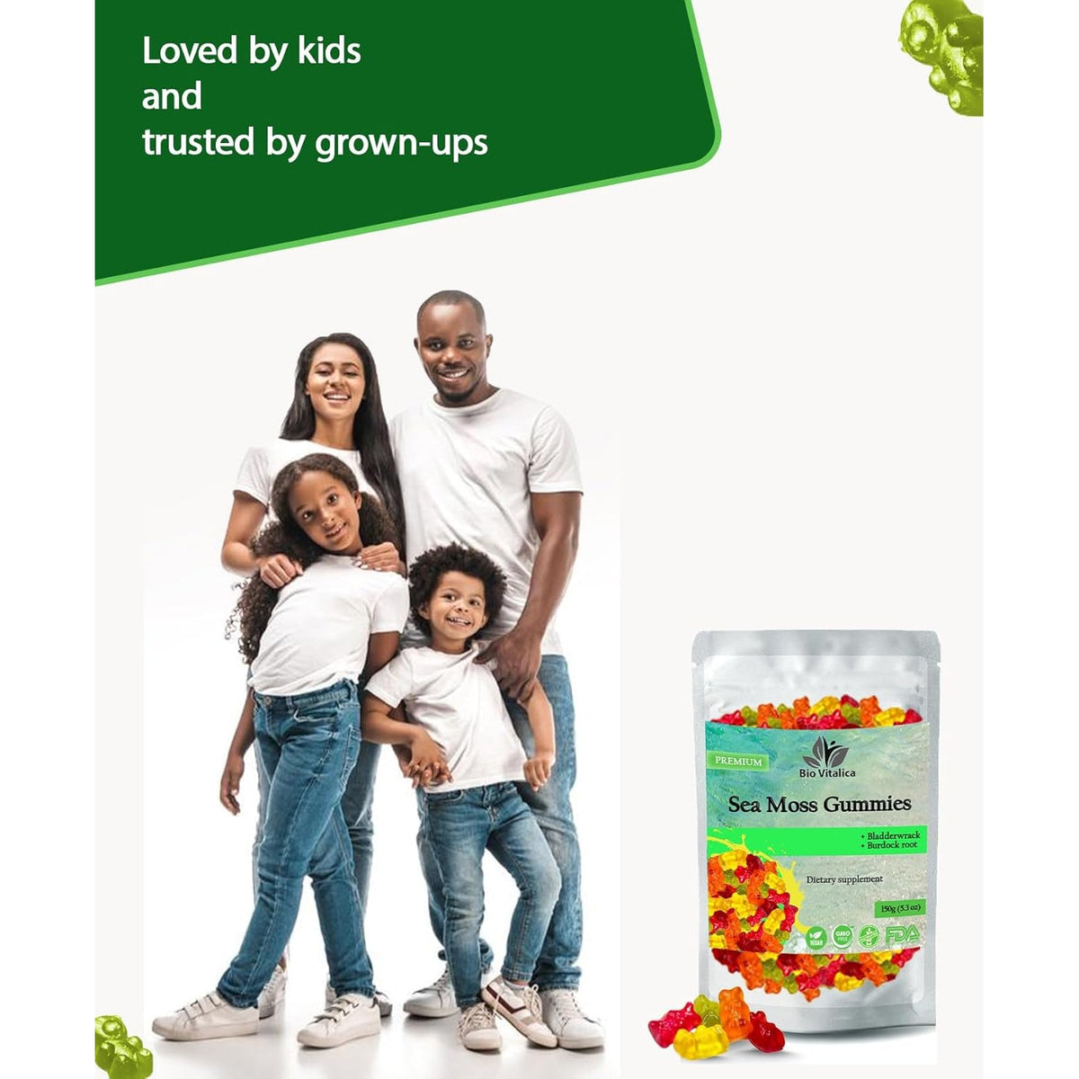 Sea Moss Gummies - Irish Sea Moss Raw Organic, Bladderwrack, Burdock Root. Contains Sea Moss Gel and Powder. Superfoods for Vegan, Keto and Dr Sebi Diet. Immune Boosting (1, Original)