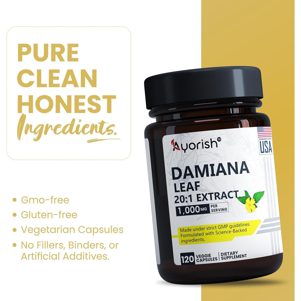 Damiana Capsules 1000Mg 120 Count Damiana Leaf Extract 20:1 Herbal Supplement Plant Based Botanical Capsules Vegan Non GMO Dietary Supplement