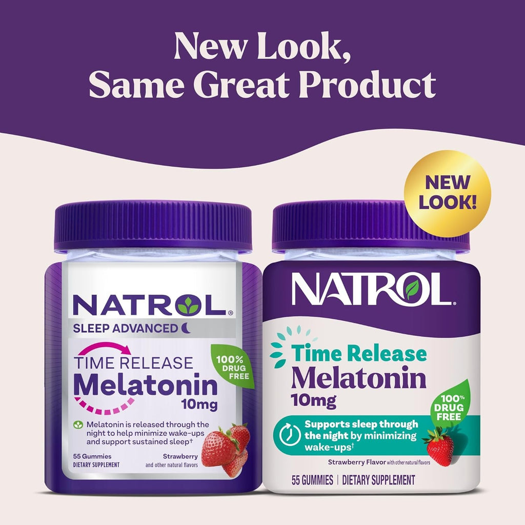 Natrol 10 Mg Melatonin Gummies, Time Release Sleep Gummies for Adults, Minimize Wake Ups, Strawberry-Flavored, 55 Count, 55 Day Supply