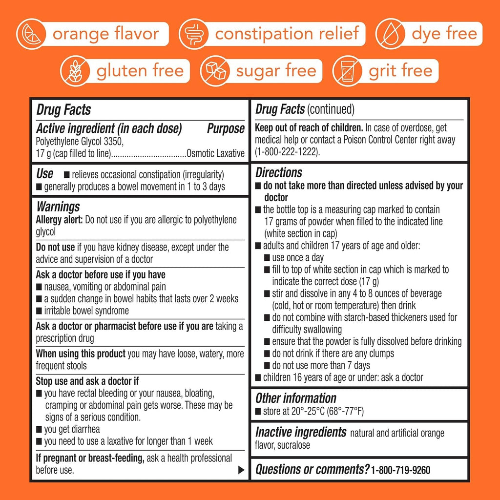 Goodsense Polyethylene Glycol 3350 Powder for Solution, Orange Flavor, Osmotic Laxative, Softens Stool, Relieves Occasional Constipation, 17.9 Ounce