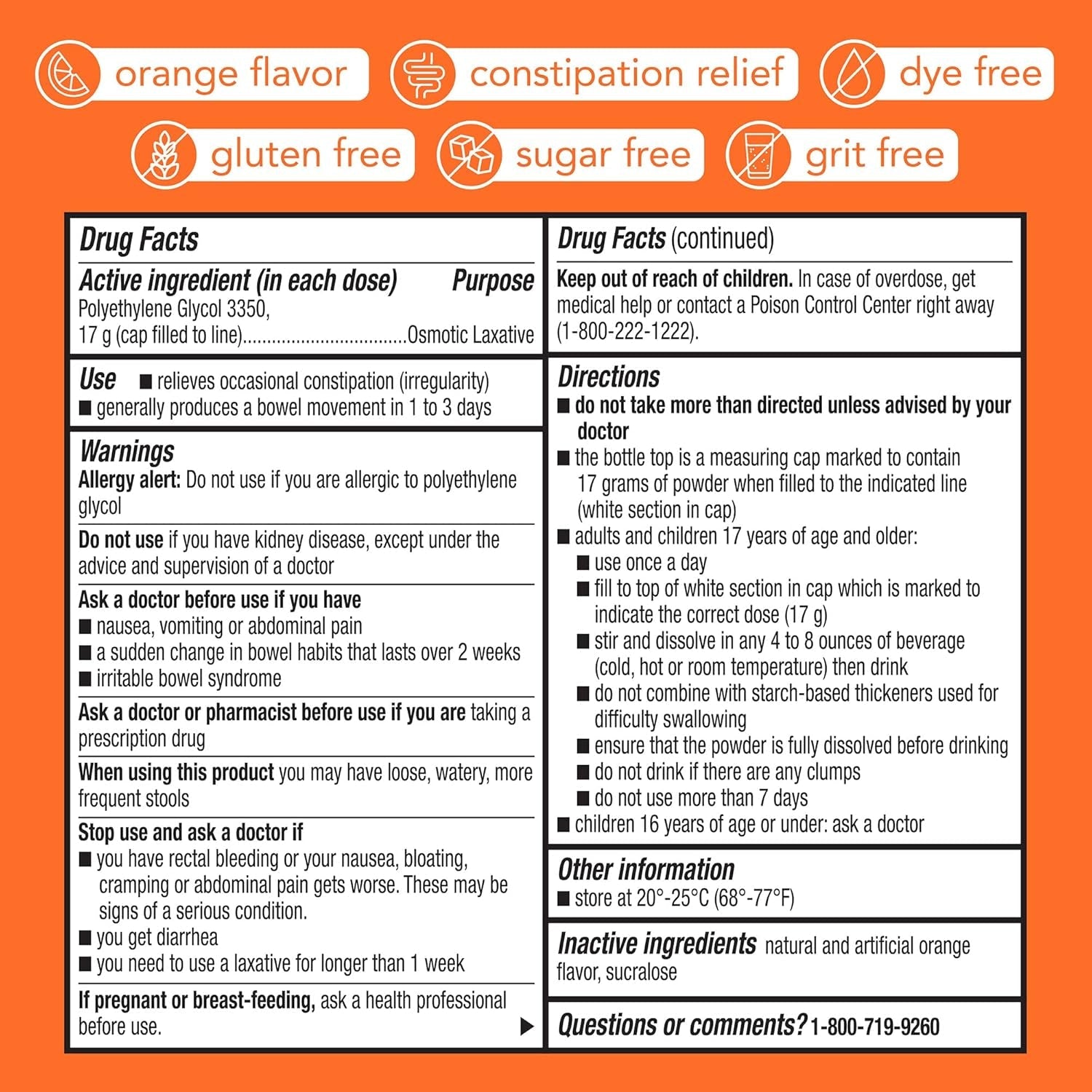 Goodsense Polyethylene Glycol 3350 Powder for Solution, Orange Flavor, Osmotic Laxative, Softens Stool, Relieves Occasional Constipation, 17.9 Ounce