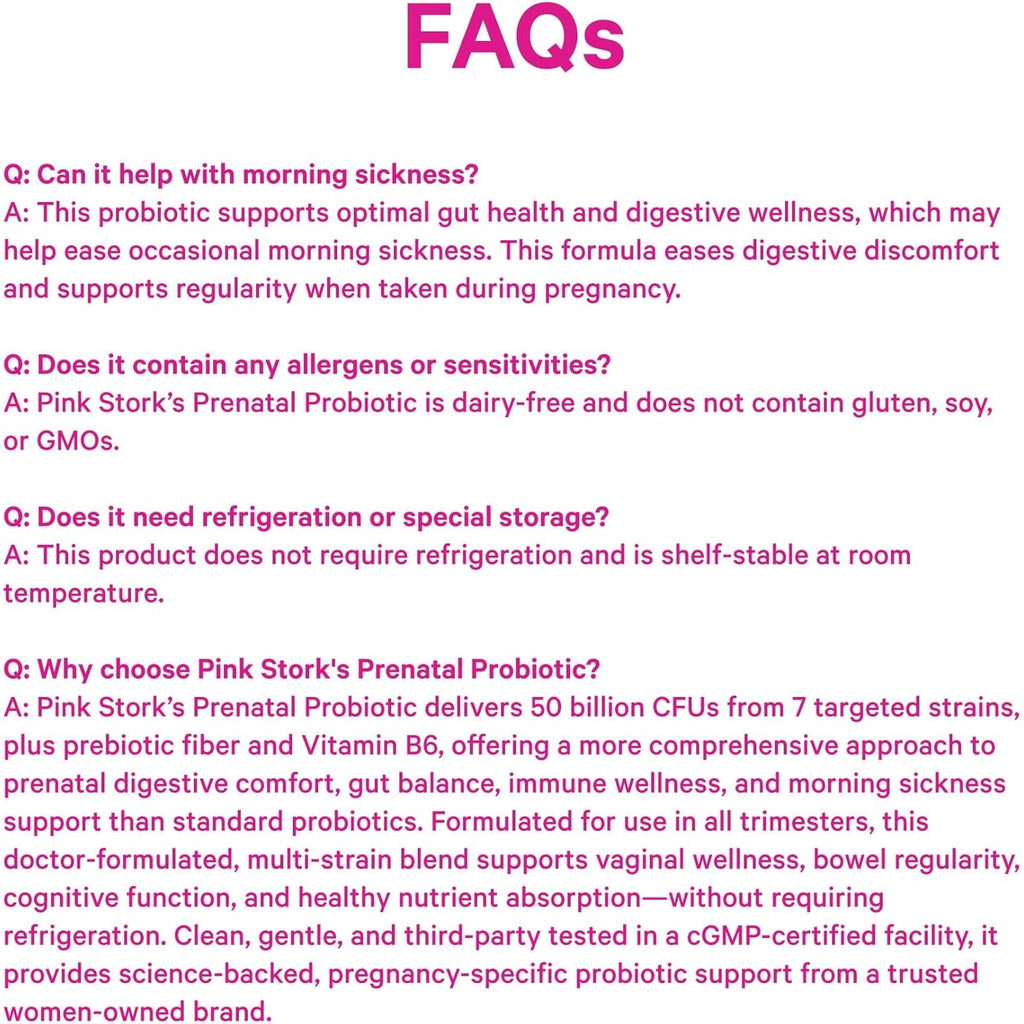 Pink Stork Prenatal Probiotic for Women with 50 Billion CFU | Vitamin B6 & Prebiotics | Pregnancy Probiotics for Morning Sickness | Digestive, Immune, & Gut Health | Vegan & Gluten-Free | 30 Capsules