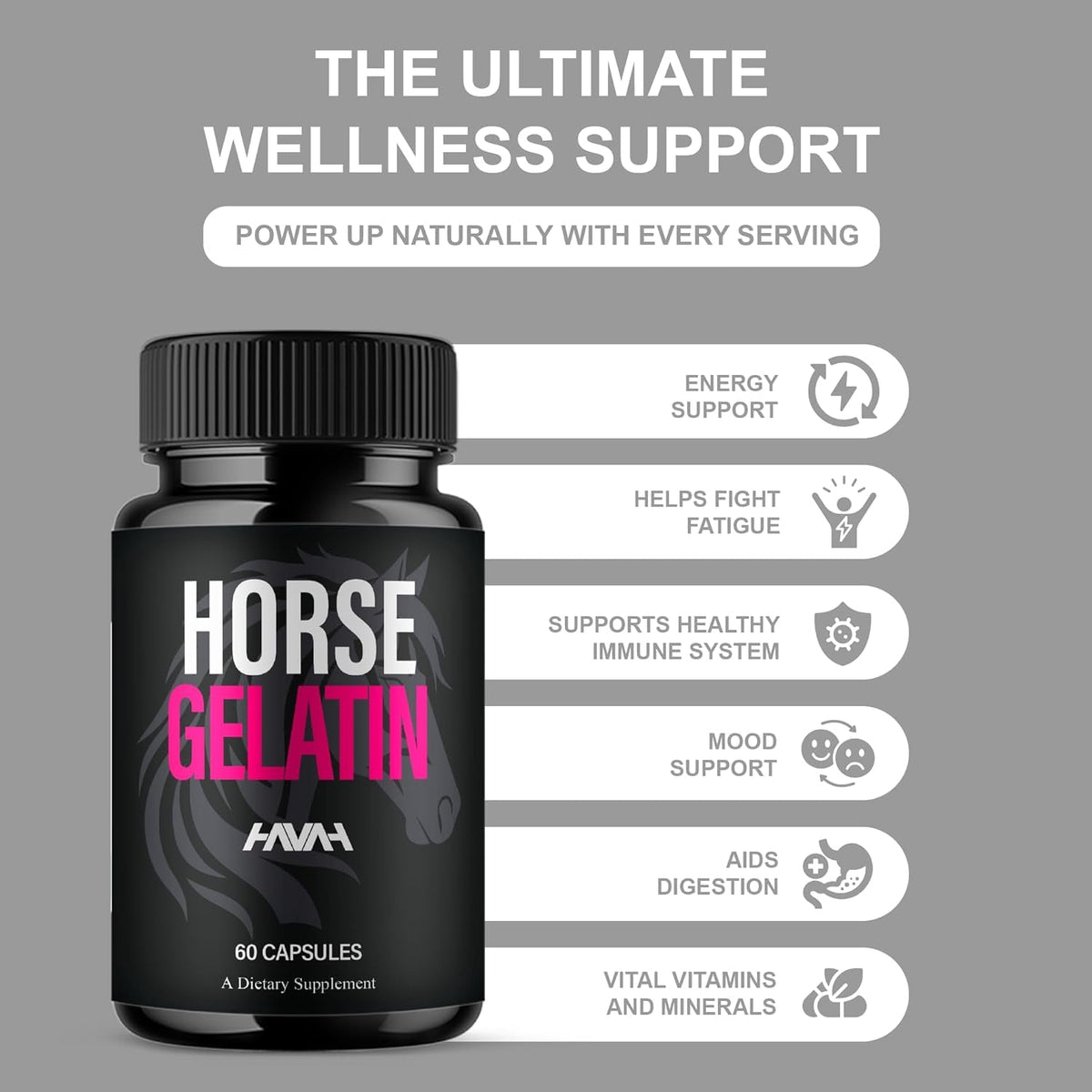 Havah Horse Gelatin Advanced Overall Support Capsules, Horse Gelatin Advanced All Natural Health Management and Overall Wellness Support Supplement Formula Pills (1 Pack - 60 Capsules)