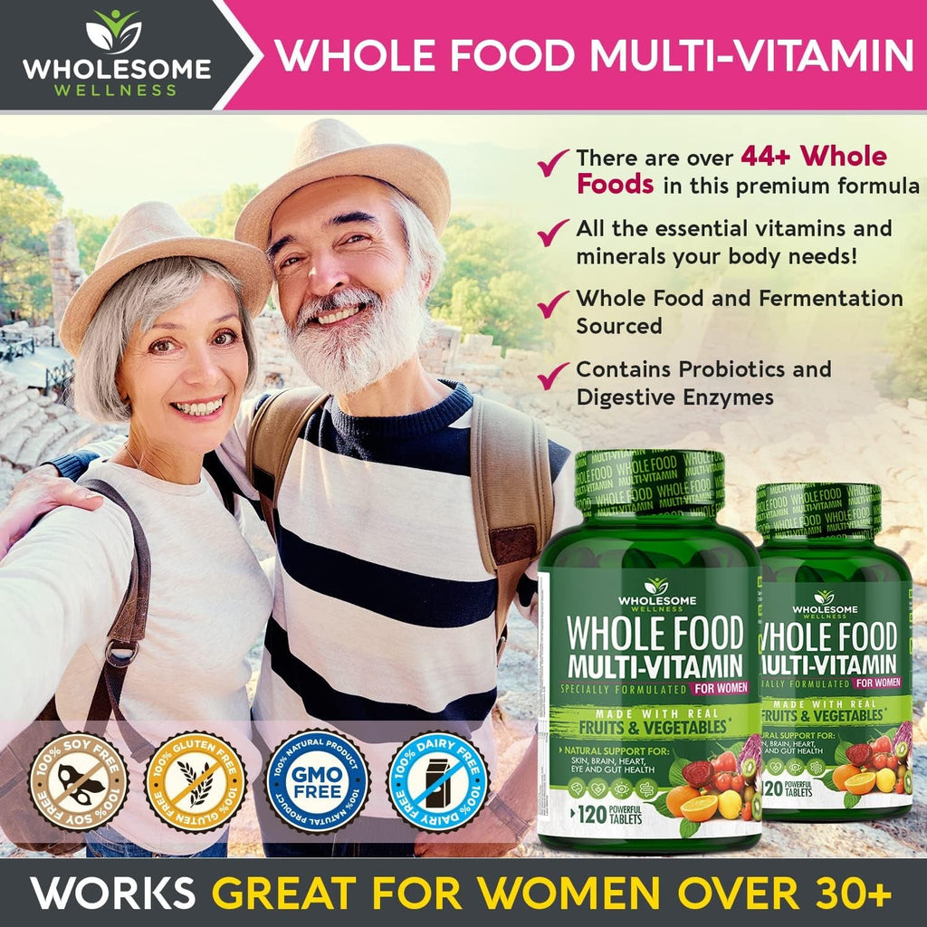 Wholesome Wellness Whole Food Multivitamin for Women - Natural Multi Vitamins, Minerals, Organic Extracts - 120 Tablets