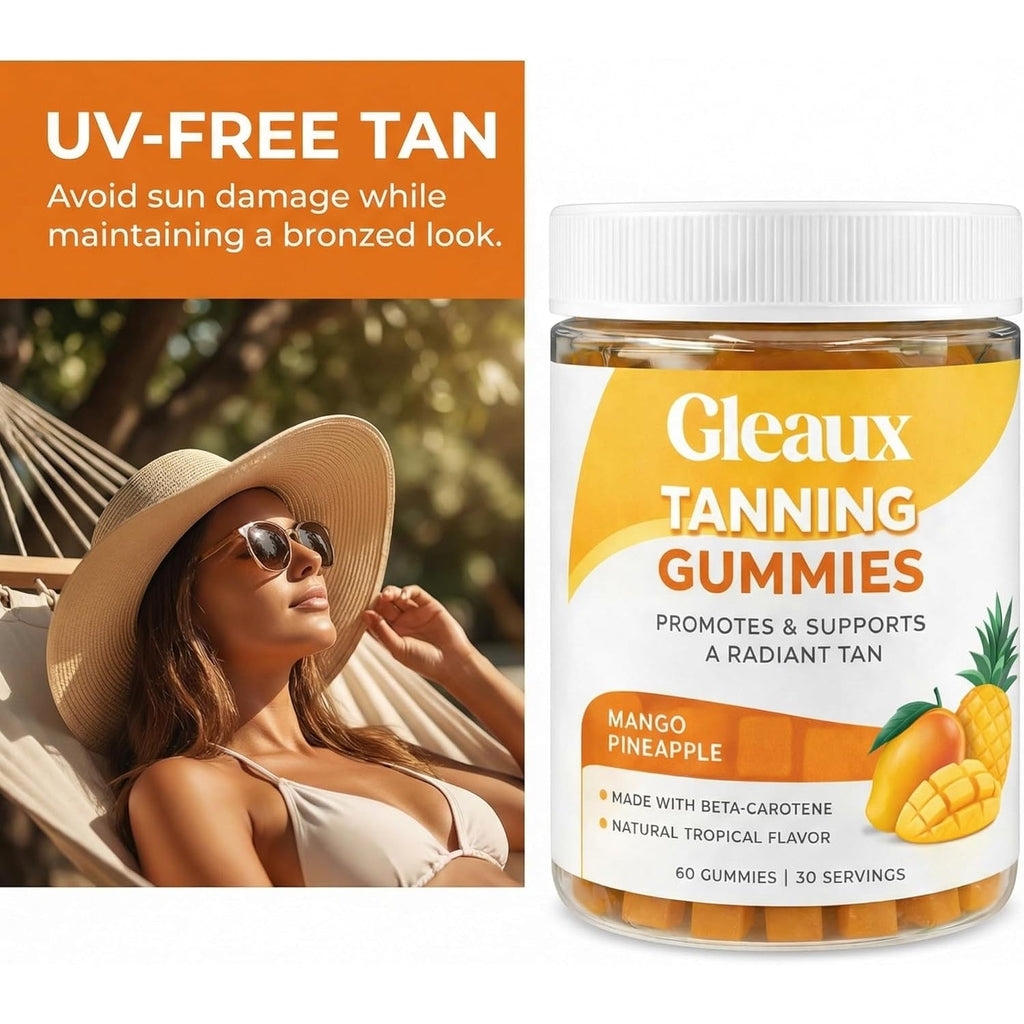 Gleaux Tanning Gummies, Tanning Gummies for Women, Sunless Radiance Support with Beta Carotene, Astaxanthin & Lycopene, for Skin Health & Complexion Support, Mango Pineapple Flavor, 60 Gummies