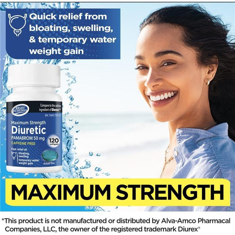 RIGHT REMEDIES Maximum Strength Caffeine-Free Diuretic Softgels, (120 Softgels), Pamabrom 50Mg, Helps Relieve Heaviness Due to Water Weight Gain