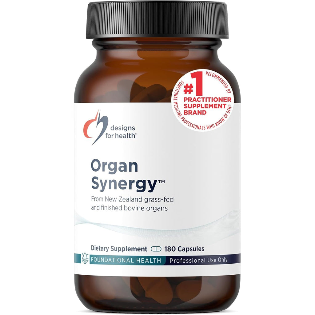 Designs for Health Organ Synergy - Bovine Organ Supplements - 100% Grassfed Beef Organs with Liver, Heart, Pancreas, Kidney + Spleen (180 Capsules / 30 Servings)