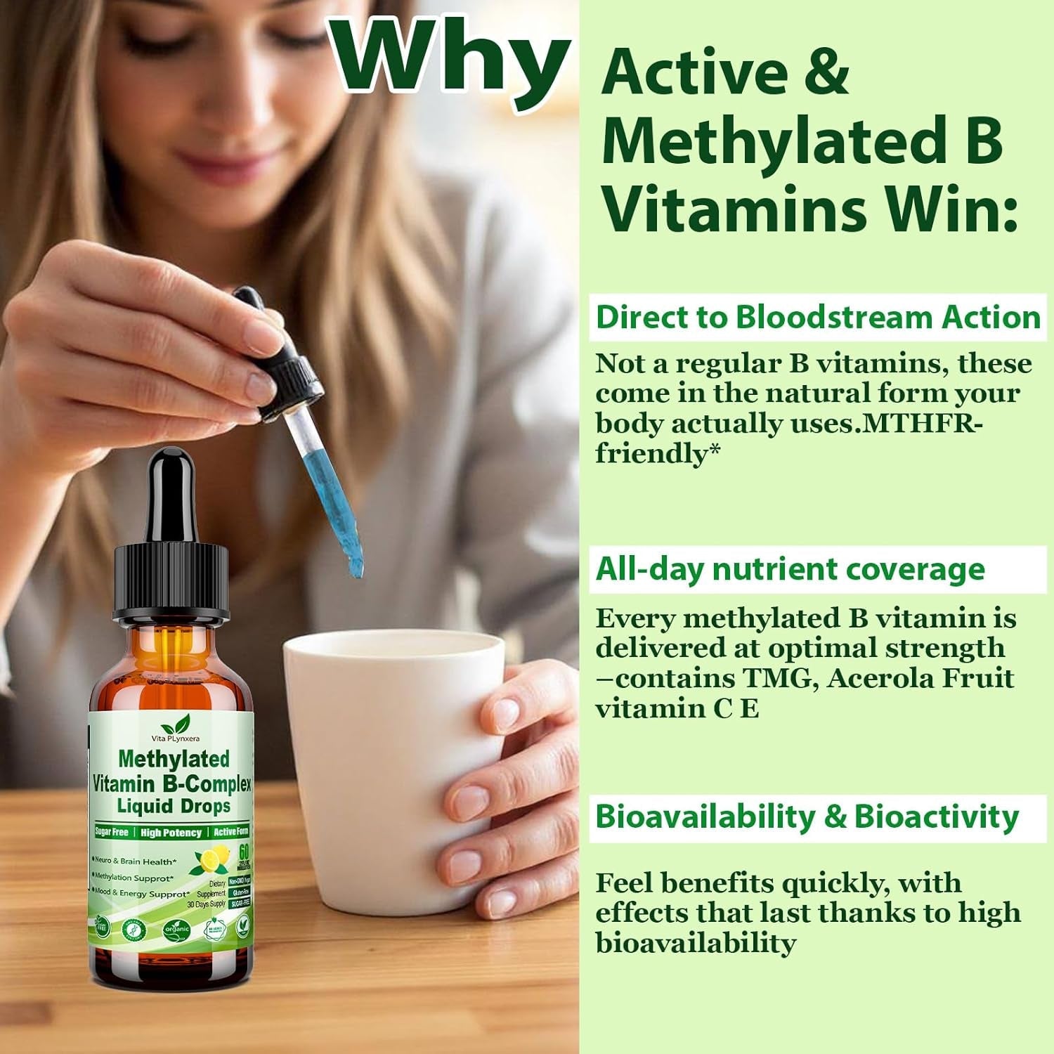 Methylated B Complex Liquid Drop Complete 9-In-1 Methyl B Vitamins W. B12 Methylfolate Inositol Choline TMG Vitamin C E, Super B-Complex Methylated for MTHFR Support, Energy Mood Nerve & Brain Health1