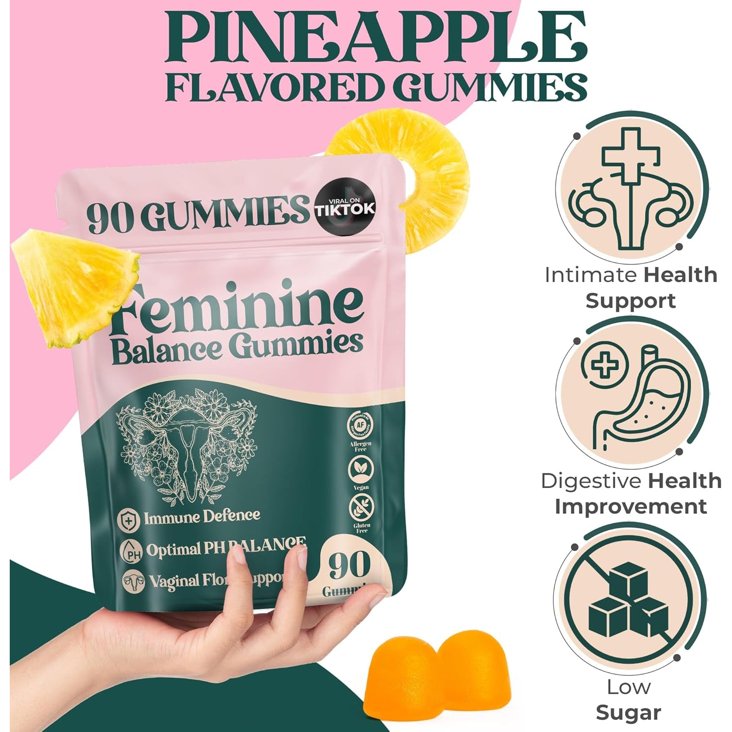 Premium Feminine Balance Gummies - for Women’S Health & Wellness - Immune Support - Vegan, Gluten-Free - Hawaiian Pineapple - 90 Gummies - 45 Servings