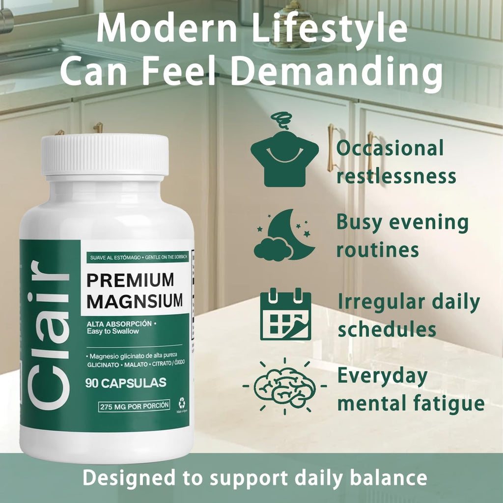 Clair Magnesio Premium, Premium Magnesium Glycinate, Non-Gmo Ingredients, Daily Routine, Vegan-Friendly 90 Capsules