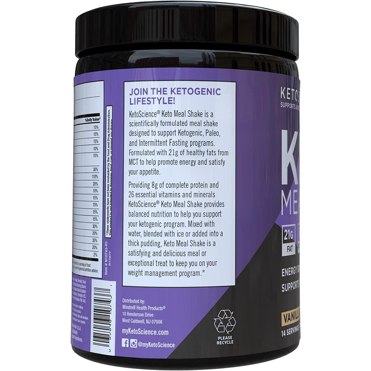 Keto Science Ketogenic Meal Shake Vanilla Dietary Supplement, Keto Protein, Rich in Mcts and Protein, Packed with Collagen, Vitamins and Minerals, Keto and Paleo Friendly, Weight Loss, (14 Servings), 20.49 Oz
