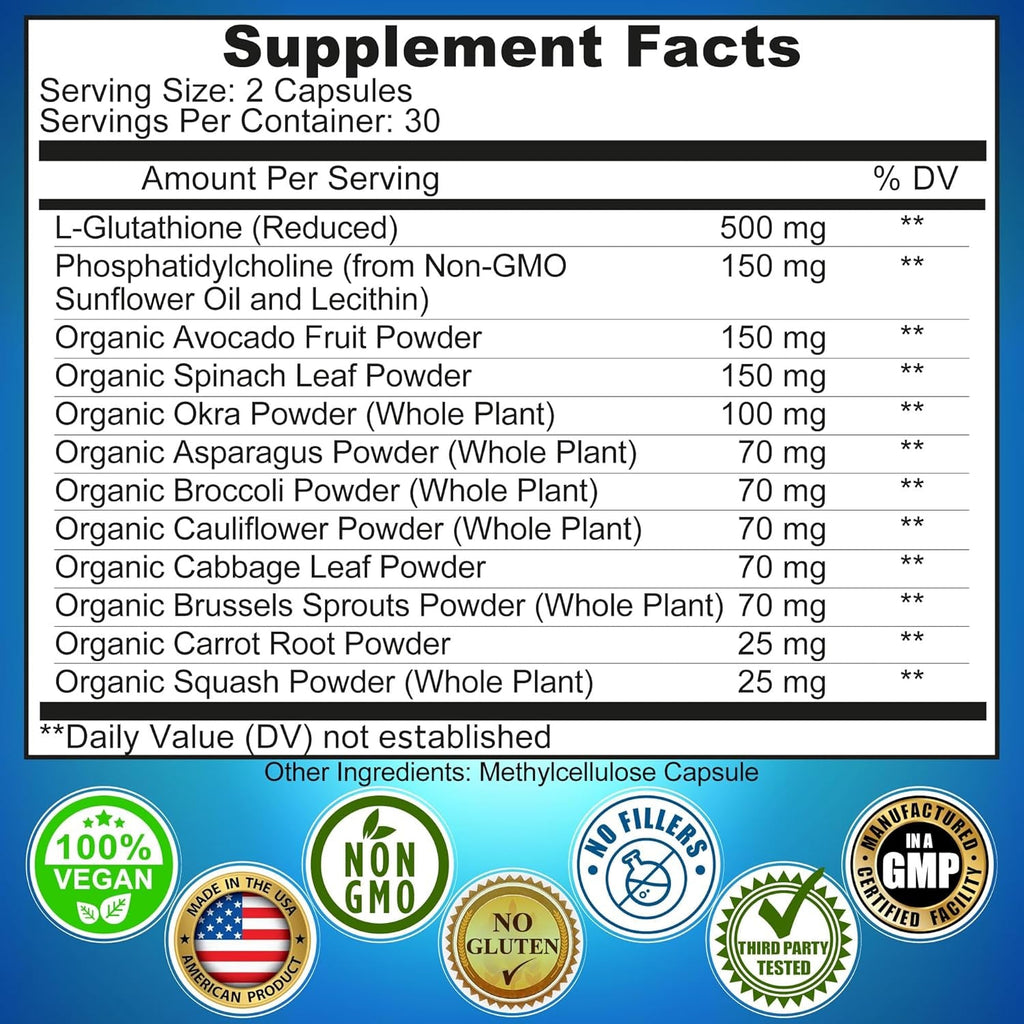 Liposomal Glutathione 500Mg - Active Form L Glutathione (Reduced) for Maximum Absorption - Made with Organic Whole Foods - Master Antioxidant & Detoxifier - Immune & Cardiovascular Support - 60 Count