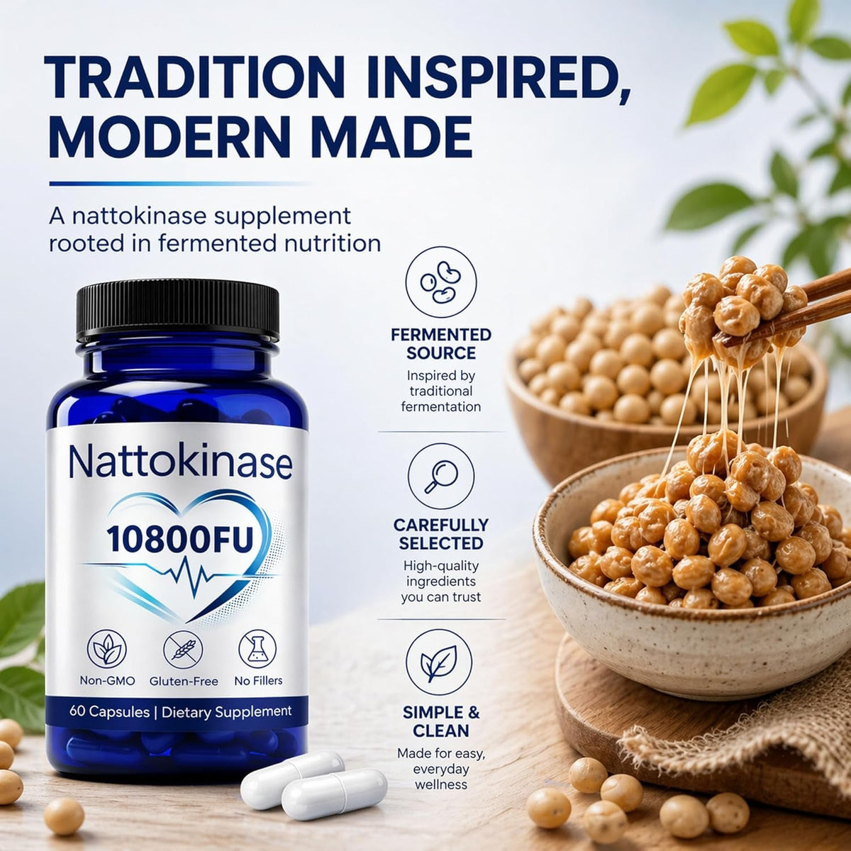 Nattokinase 10800 Fu, Ultimate Nattokinase 10800 Fu, Organic Nattokinase Supplement 10800 Fu, Vegan & Gluten-Free, Daily Health Support, 60 Capsules