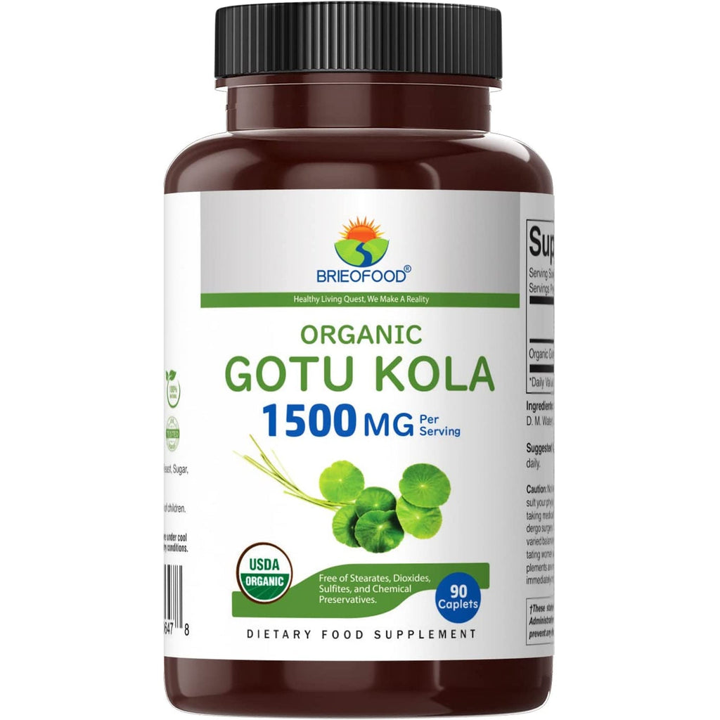 Brieofood Organic Gotu Kola 1500Mg, 45 Servings, Vegetarian, Gluten Free, 90 Vegetarian Tablets