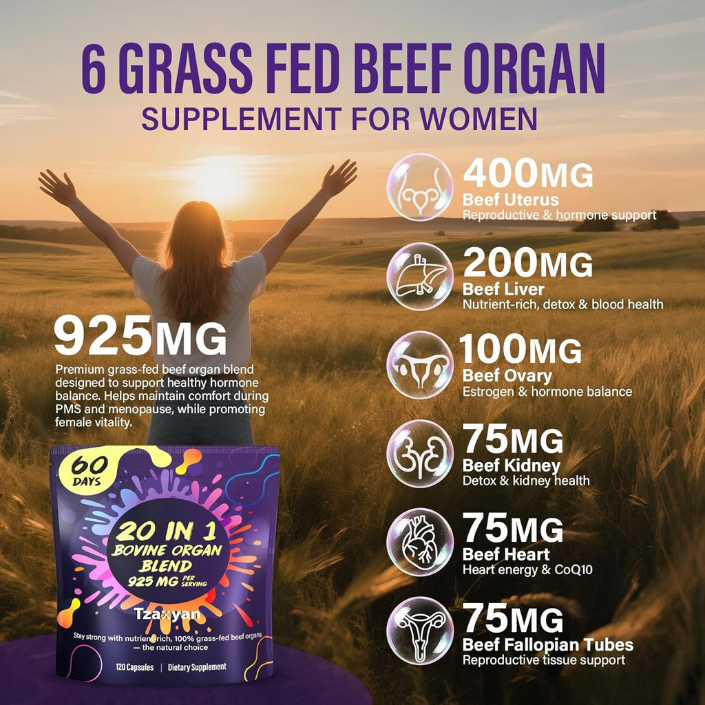 20-In-1 Beef Organ Supplement for Women, 925MG Grass Fed Beef Liver, Uterus, Ovary & 3 More with Maca, DIM, Black Cohosh, Vitamin & Mineral, Bovine Organ Capsules for Hormone Balance, Energy, 60 Days
