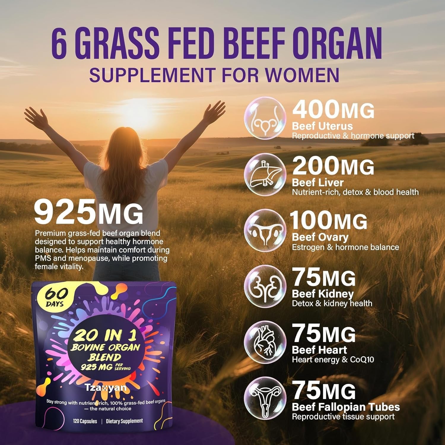 20-In-1 Beef Organ Supplement for Women, 925MG Grass Fed Beef Liver, Uterus, Ovary & 3 More with Maca, DIM, Black Cohosh, Vitamin & Mineral, Bovine Organ Capsules for Hormone Balance, Energy, 60 Days