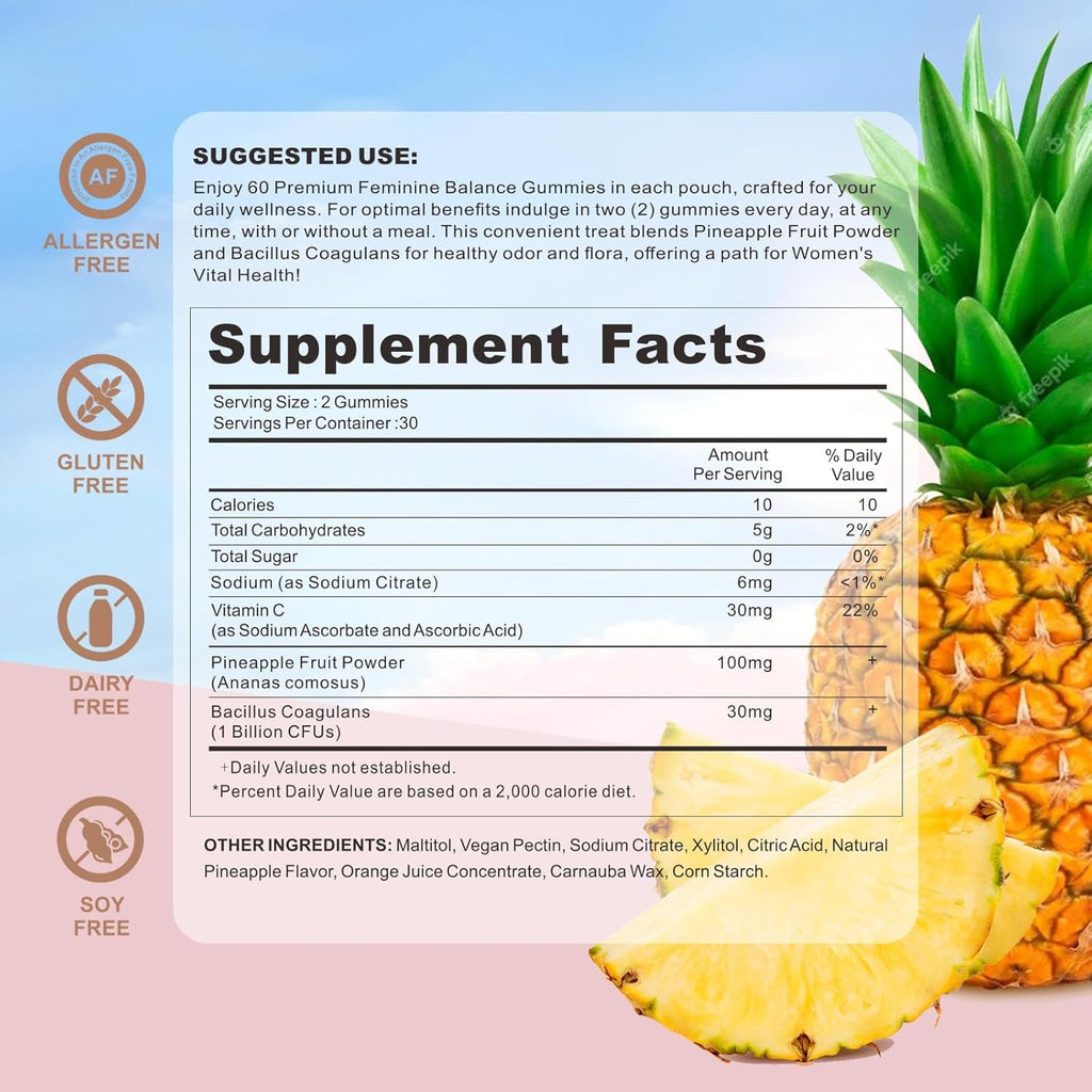 Premium Feminine Balance Gummies for Women'S Health, Hawaiian Pineapple Gummies for Women Vaginal Probiotic & Ph Balance Support - Vegan - Healthy Odor - Gluten-Free - 60 Count