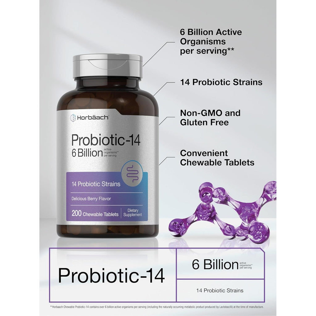 Horbäach Probiotics 6 Billion Cfus | 200 Chewable Tablets | Berry Flavor | 14 Probiotic Strains | Vegetarian, Non-Gmo & Gluten Free Supplement for Men & Women
