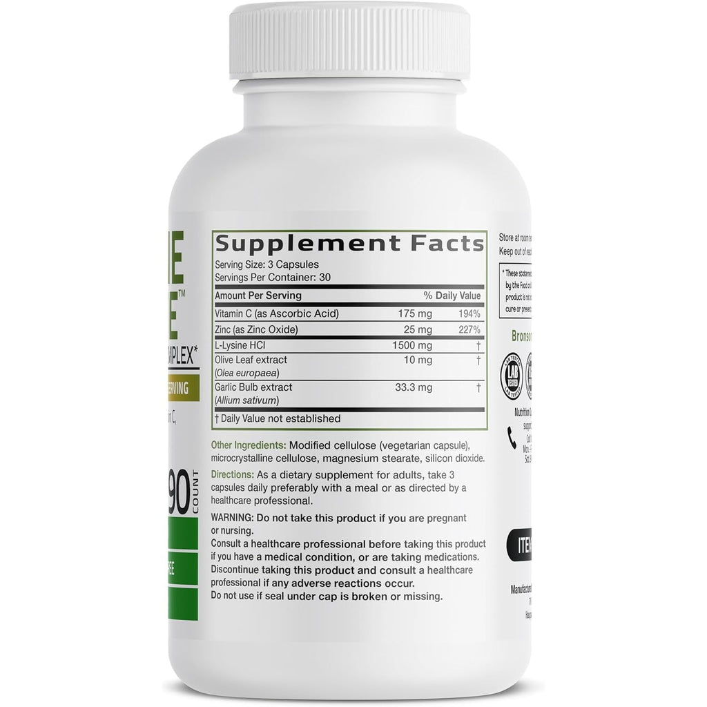 Bronson L-Lysine Defense Immune Support Complex 1500 MG L-Lysine plus Olive Leaf, Garlic, Vitamin C and Zinc - Non-Gmo, 90 Vegetarian Capsules