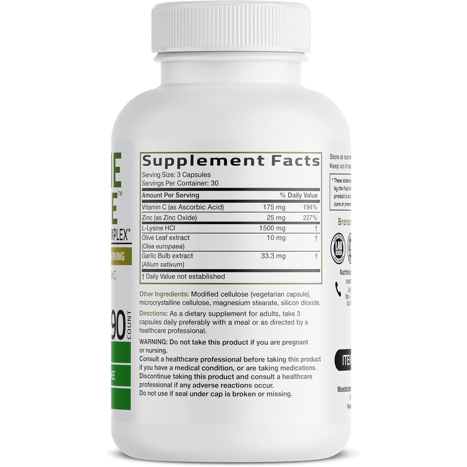 Bronson L-Lysine Defense Immune Support Complex 1500 MG L-Lysine plus Olive Leaf, Garlic, Vitamin C and Zinc - Non-Gmo, 90 Vegetarian Capsules