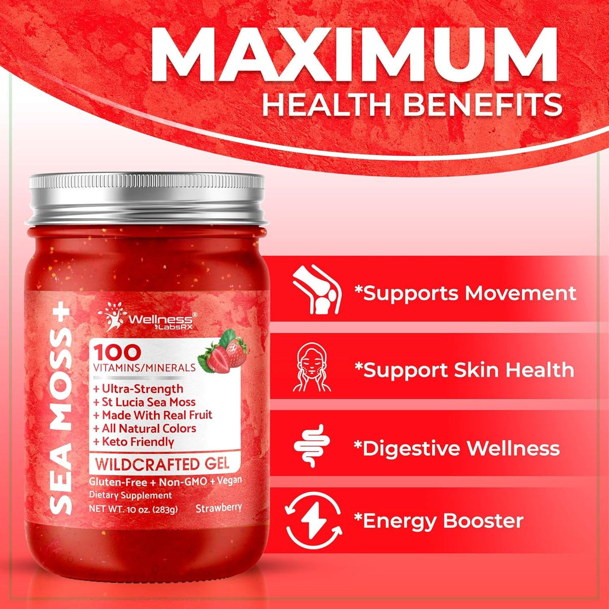 Sea Moss Gel - Wildcrafted Seamoss Gel Superfood - Strawberry Flavor Irish Sea Moss Vitamin and Mineral-Rich from Pristine Caribbean Waters, Immune and Digestive Health Support - 10 Oz.