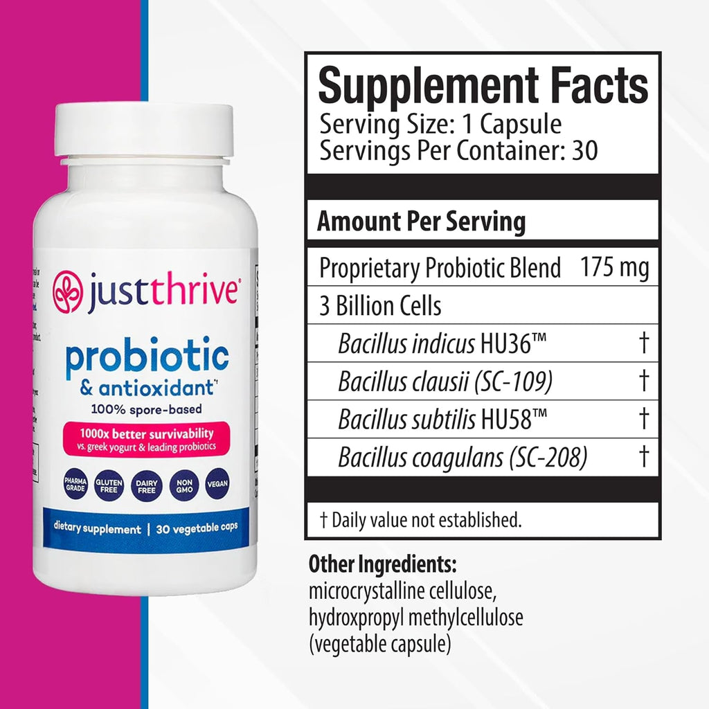 Just Thrive Probiotic & Antioxidant Supplement - 100% Spore-Based Digestive and Immune Support - Gluten Free, 30 Caps