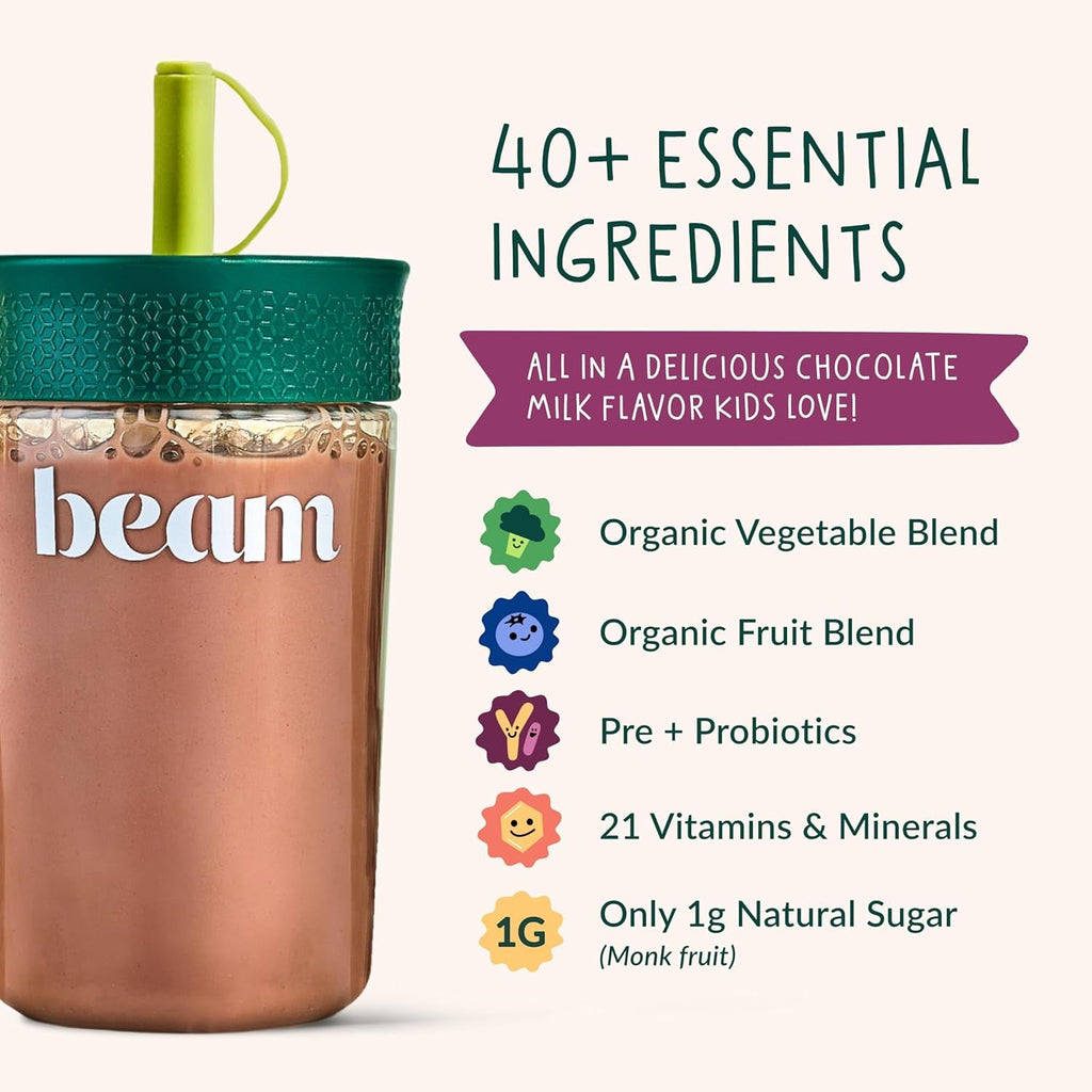 Beam Kids Multivitamin Powder – Kids Vitamins with Greens, Probiotic & Prebiotic, Immune Support for Children & Toddlers, No Artificial Sweeteners, for Picky Eaters, 20 Servings, Chocolate Flavor