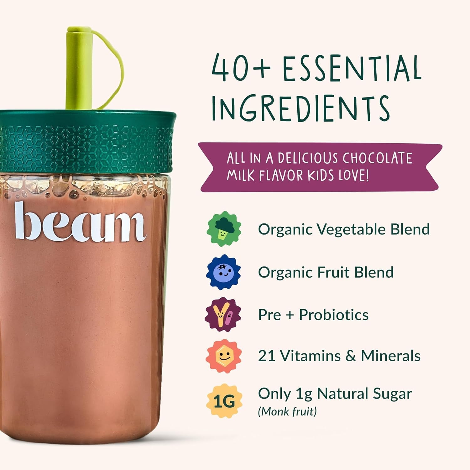 Beam Kids Multivitamin Powder – Kids Vitamins with Greens, Probiotic & Prebiotic, Immune Support for Children & Toddlers, No Artificial Sweeteners, for Picky Eaters, 20 Servings, Chocolate Flavor