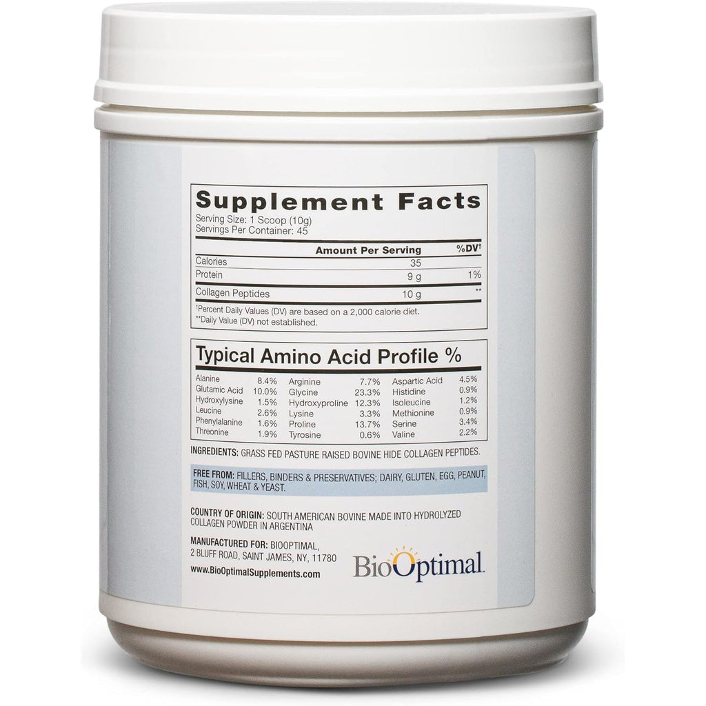 Biooptimal Collagen Peptides Powder - Grass-Fed, Pasture-Raised Hydrolyzed Protein Supplement for Skin, Hair, & Nails - Non-Gmo, Zero Sugar Daily Supplement for Men & Women (45 Servings)