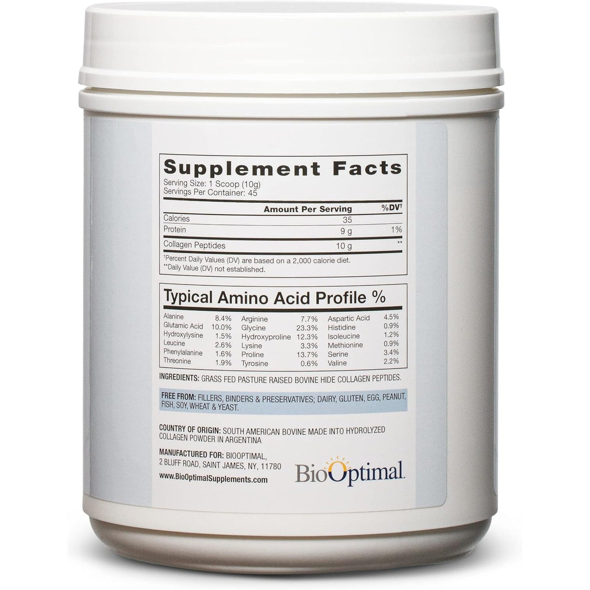 Biooptimal Collagen Peptides Powder - Grass-Fed, Pasture-Raised Hydrolyzed Protein Supplement for Skin, Hair, & Nails - Non-Gmo, Zero Sugar Daily Supplement for Men & Women (45 Servings)