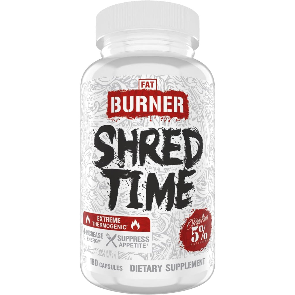 5% Nutrition Shred Time Fat Burner | Green Tea, Coffee Bean, Cayenne, Theobromine, GBB | Appetite Suppression | 30 Servings (180 Capsules)