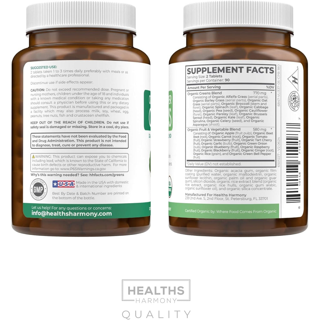USDA Organic Super Greens Supplement - Organic Greens Fruits and Vegetable Supplement for Adults with 28 Superfood Complex with Superfruits Roots Herbs & More - Vegan & Non-Gmo (Up to 3 Month Supply)