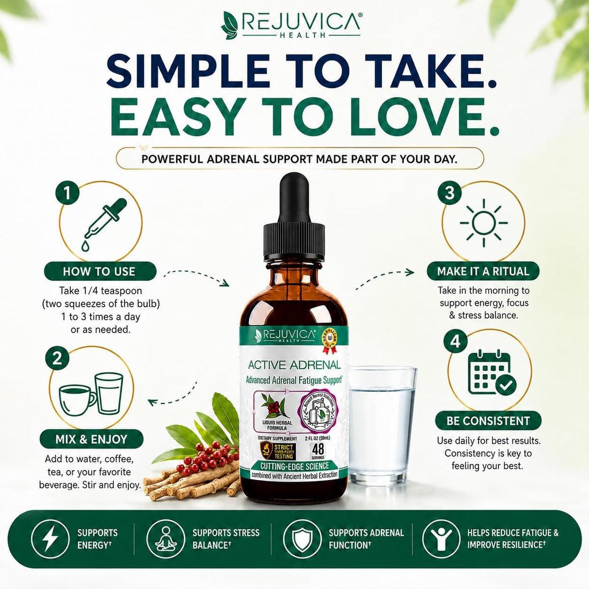 Rejuvica Health Active Adrenal - Advanced Adrenal Support Tincture - Liquid Delivery for Better Absorption - Ashwagandha, B-Vitamins, Magnesium and More