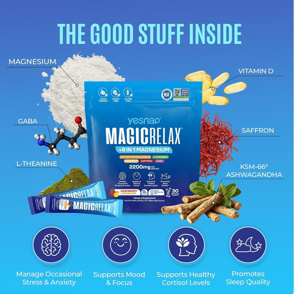 MAGICRELAX 8-In-1 Super Calm Magnesium Glycinate Powder Drink Mix Supports Stress Healthy Cortisol, Mood & Sleep, KSM-66 Ashwagandha Saffron GABA L-Theanine Vitamin D3, 0 Sugar, Raspberry Lemonade