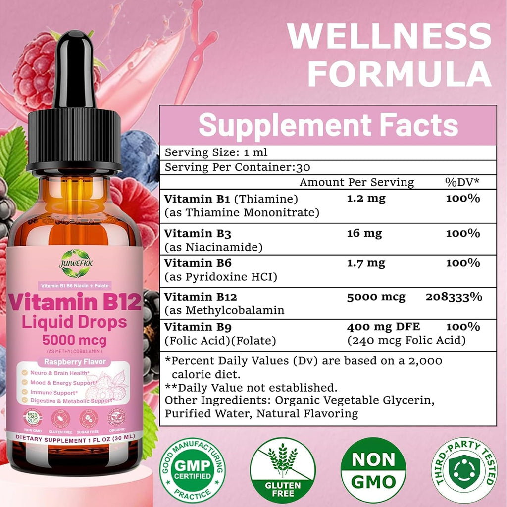 Liquid Vitamin B12 Drops 5000 Mcg - Extra Strength B12 Methylcobalamin with B1 B6 B3 Folate Niacin - Fast Absorption Sublingual B-12 Drops for Energy Metabolism & Brain Function, Vegan B Complex